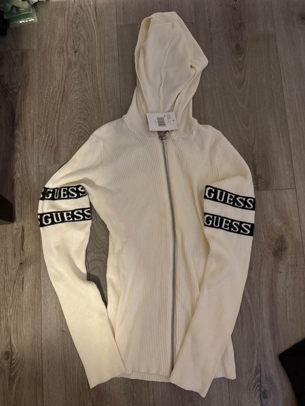 GUESS Cream Ribbed Henny Zip Hoodie with Black Logo Bands - Pearl White NWT - S